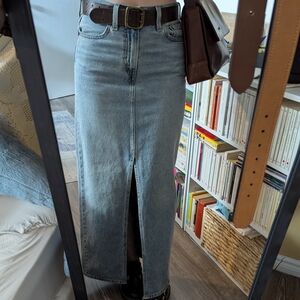 Classic Light Blue Denim Maxi Skirt with Front Slit, Size : 24